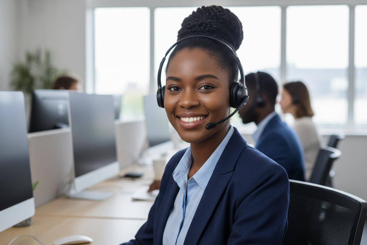 belle jeune femme noire et souriante avec un casque au service client